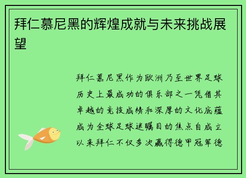 拜仁慕尼黑的辉煌成就与未来挑战展望